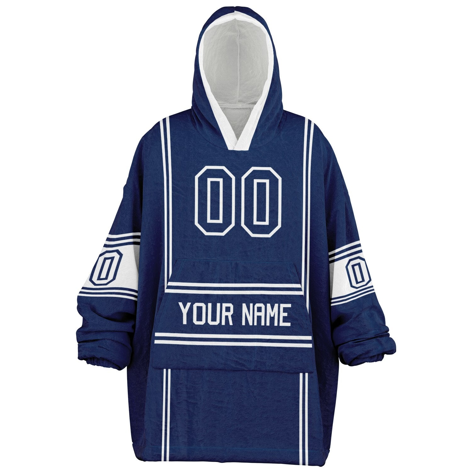 Blue and white lineup snug hoodie featuring sleek line-art details and minimalist team-inspired design.