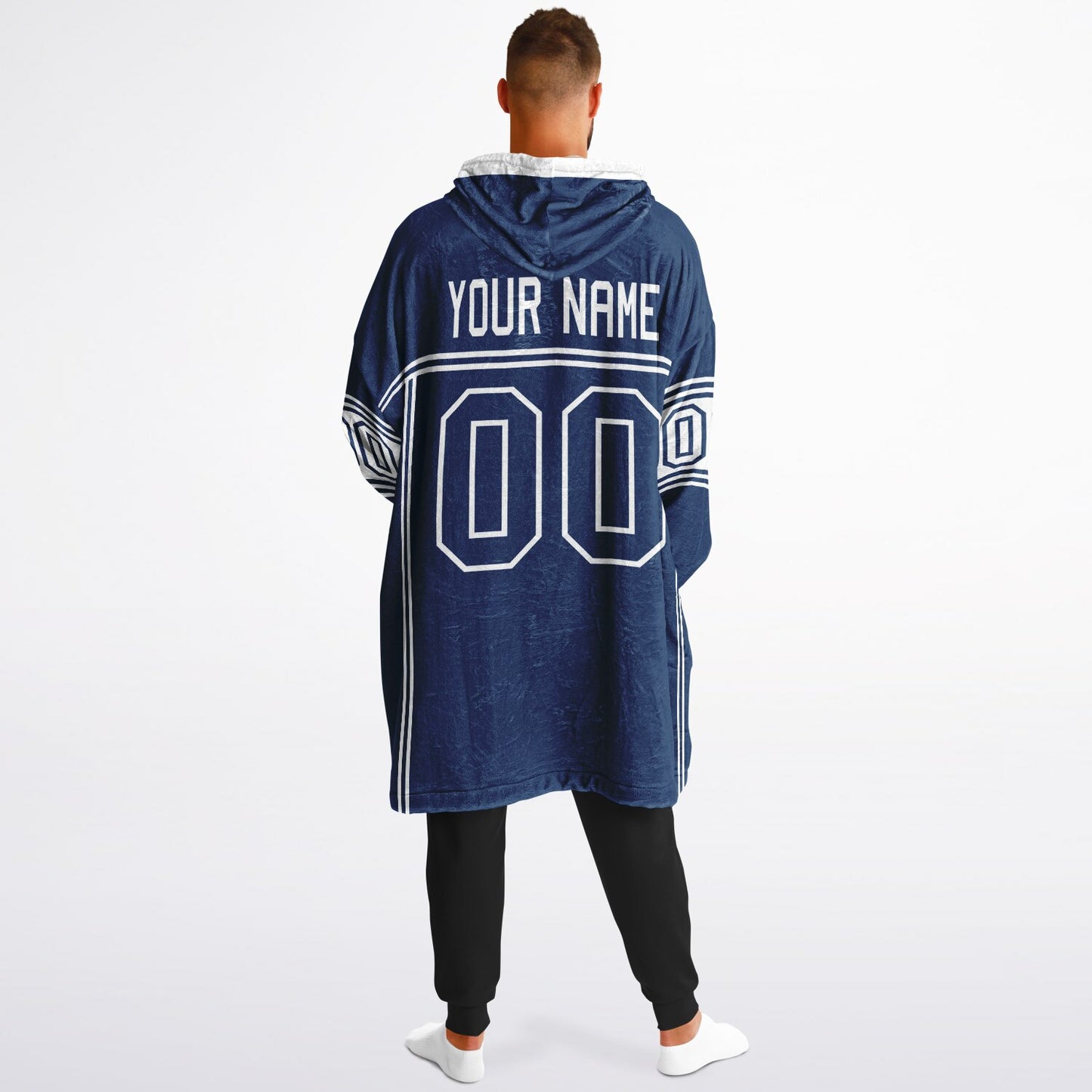 Blue and white lineup snug hoodie featuring sleek line-art details and minimalist team-inspired design.