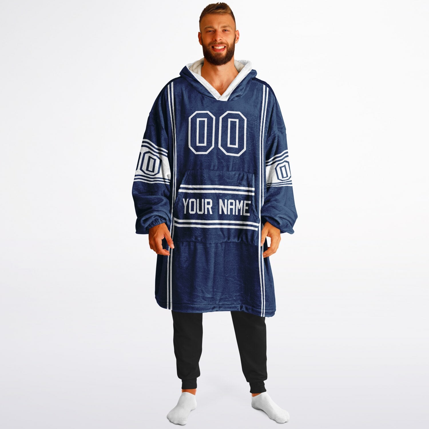 Blue and white lineup snug hoodie featuring sleek line-art details and minimalist team-inspired design.