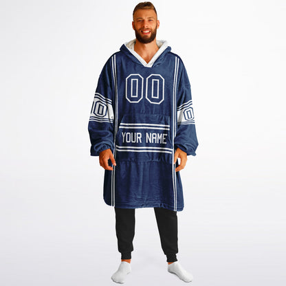 Blue and white lineup snug hoodie featuring sleek line-art details and minimalist team-inspired design.