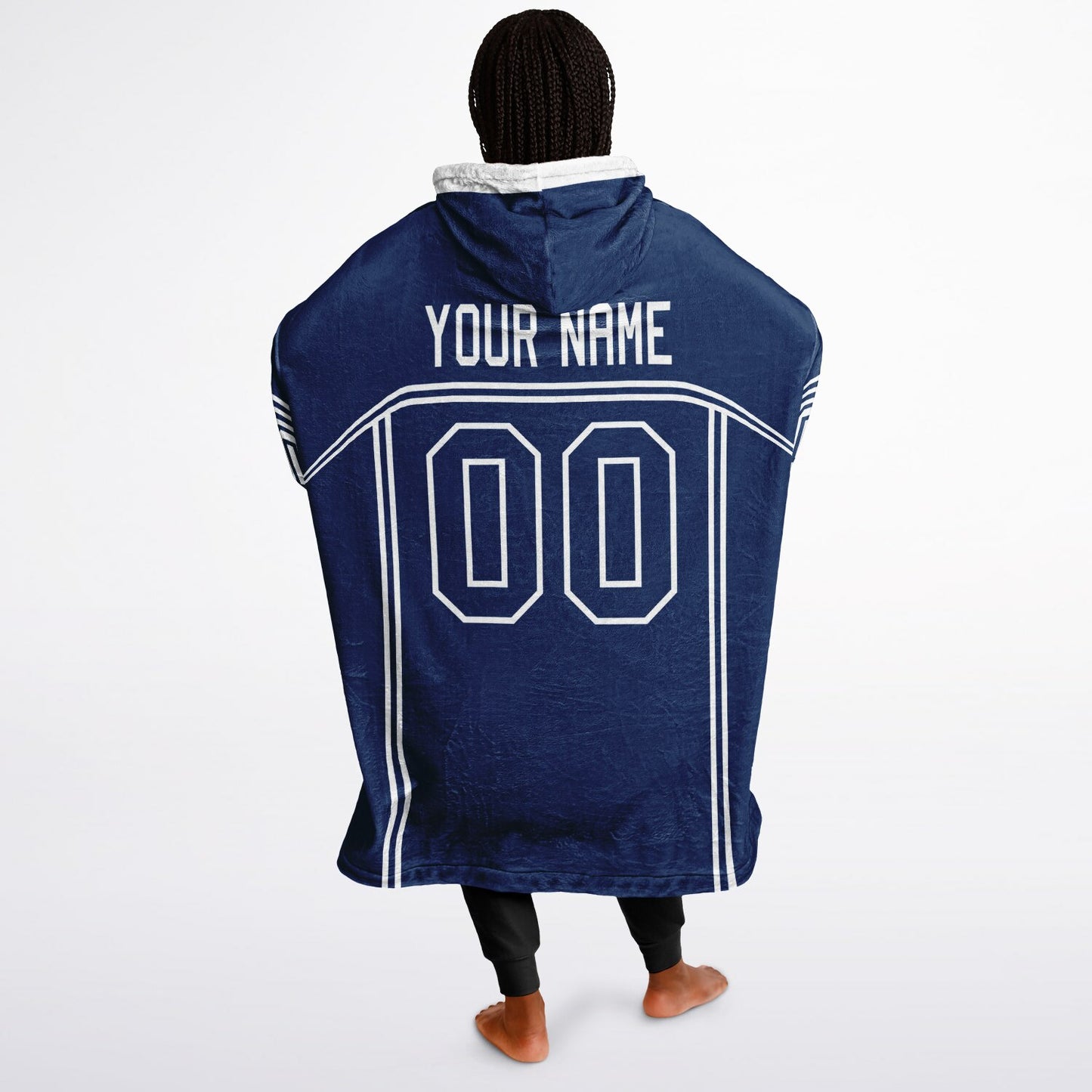 Blue and white lineup snug hoodie featuring sleek line-art details and minimalist team-inspired design.