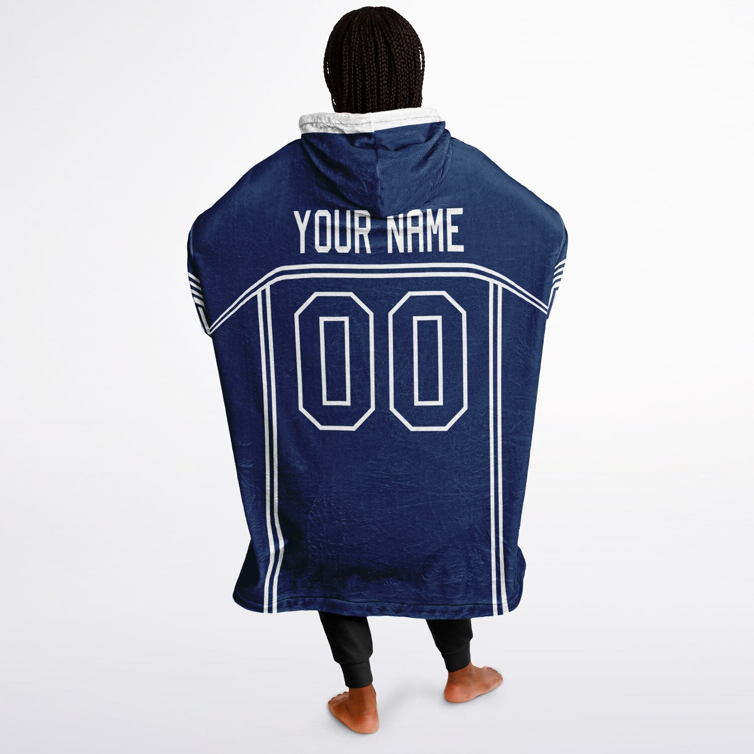 Blue and white lineup snug hoodie featuring sleek line-art details and minimalist team-inspired design.