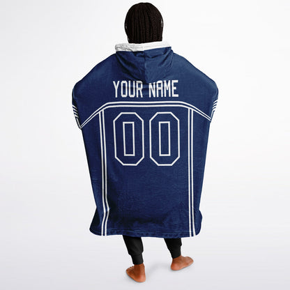 Blue and white lineup snug hoodie featuring sleek line-art details and minimalist team-inspired design.
