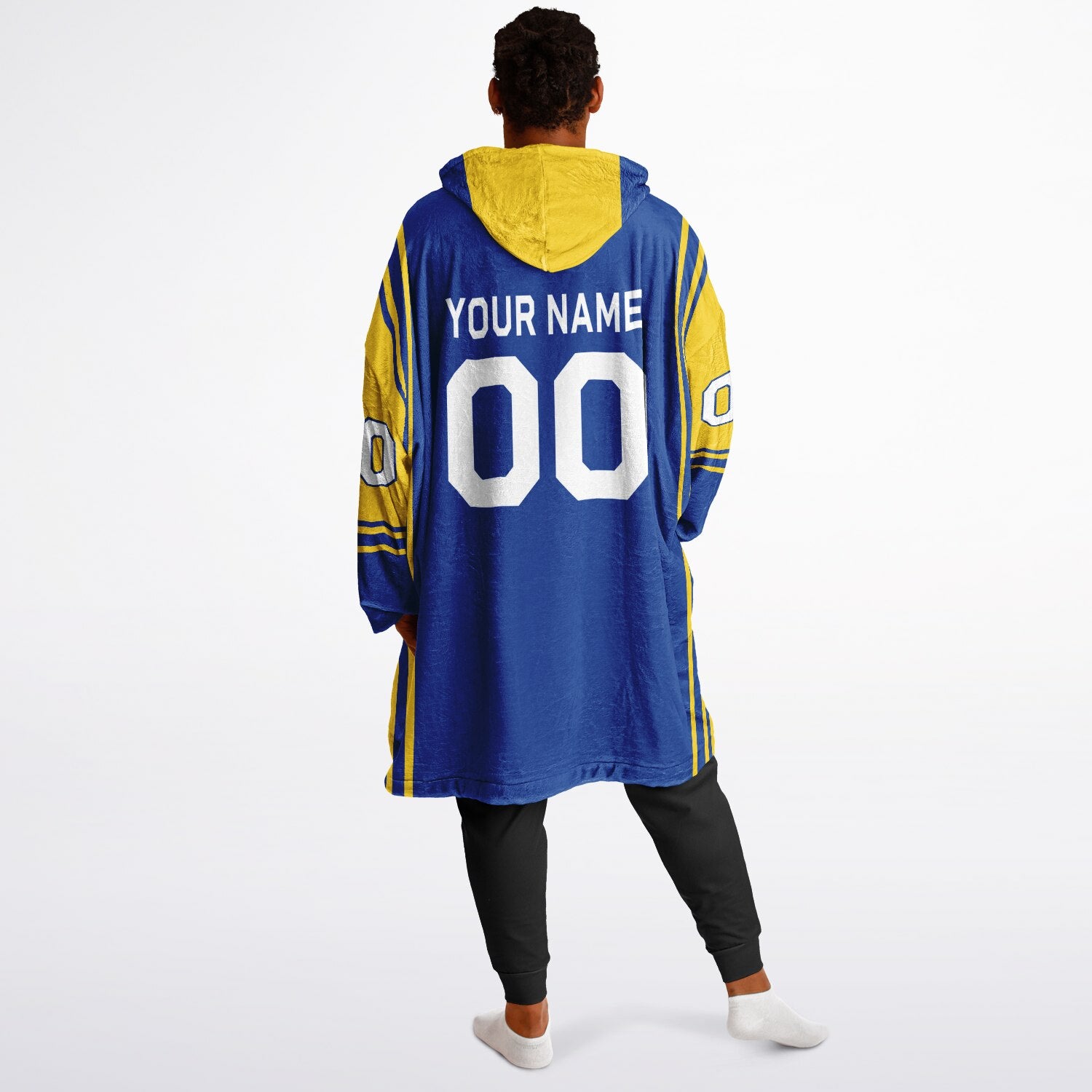 Blue and yellow bold snug hoodie with modern color-block design and soft loungewear fit.