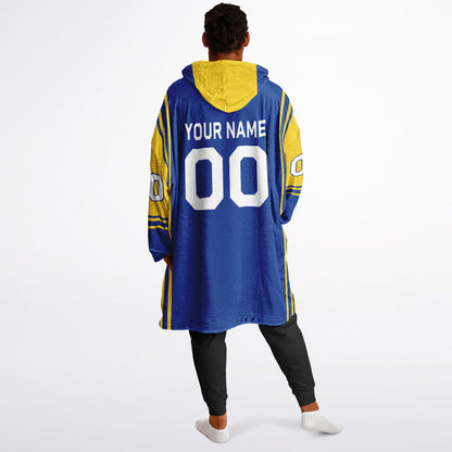 Blue and yellow bold snug hoodie with modern color-block design and soft loungewear fit.