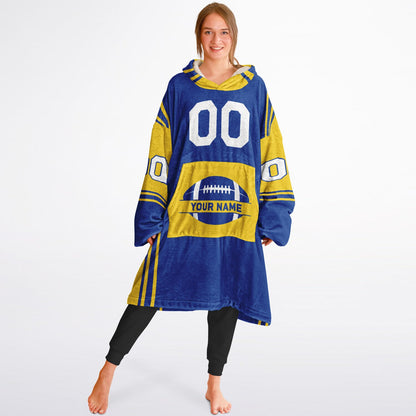 Blue and yellow bold snug hoodie with modern color-block design and soft loungewear fit.