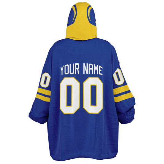 Blue and yellow classic snug hoodie featuring jersey-style stripes and personalized name and number.