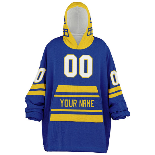 Blue and yellow classic snug hoodie featuring jersey-style stripes and personalized name and number.