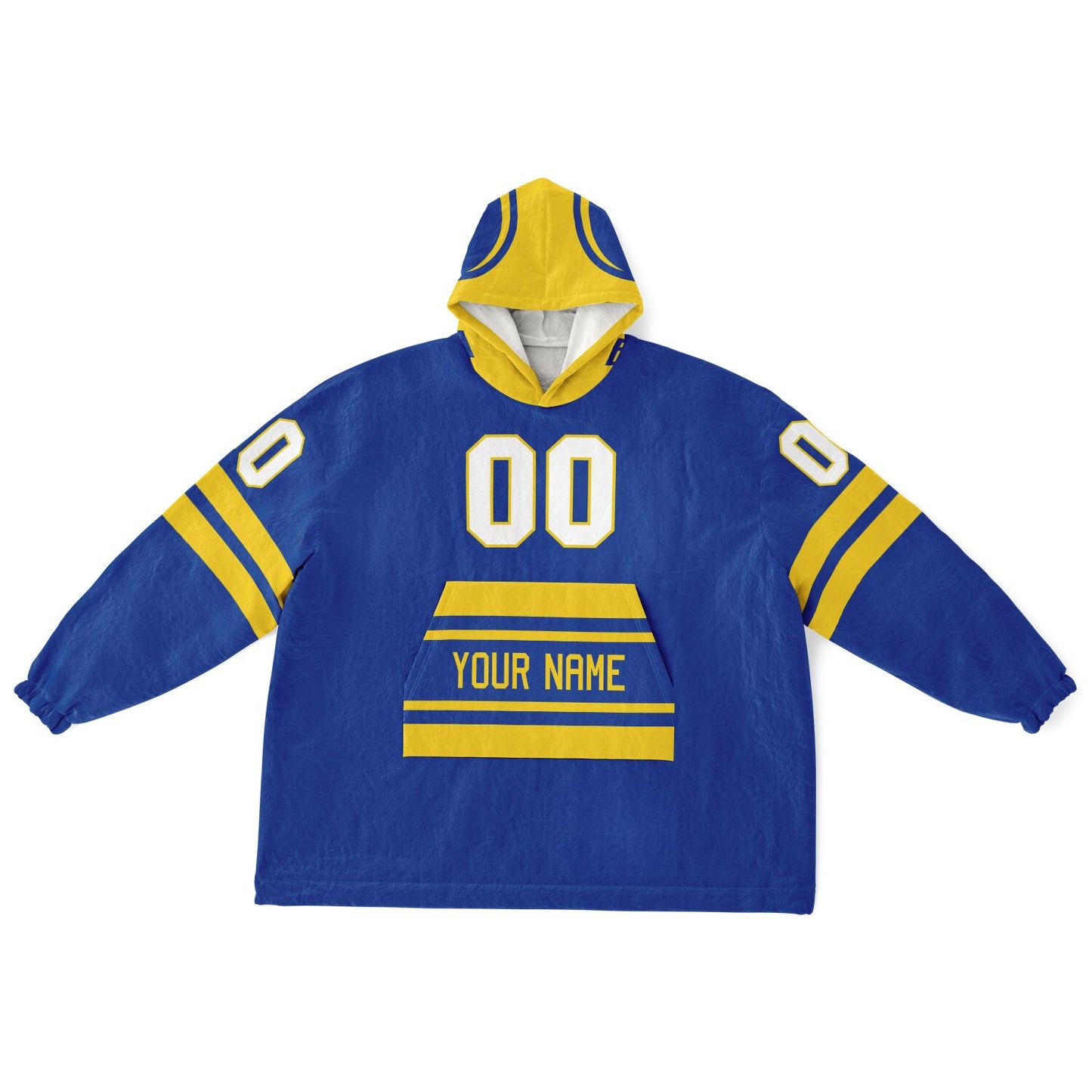 Blue and yellow classic snug hoodie featuring jersey-style stripes and personalized name and number.
