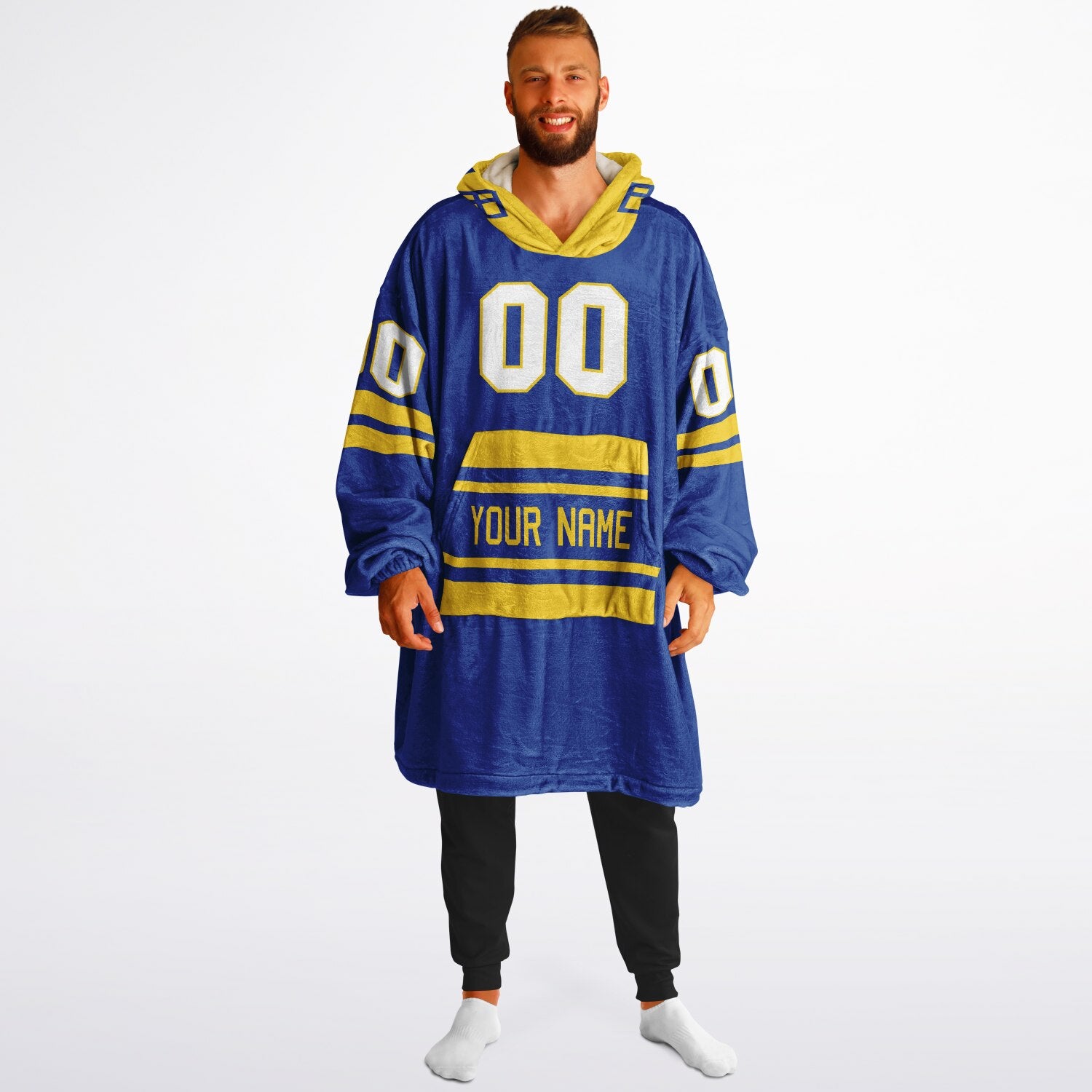 Blue and yellow classic snug hoodie featuring jersey-style stripes and personalized name and number.