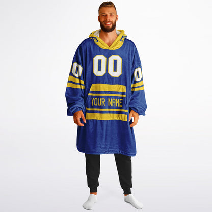 Blue and yellow classic snug hoodie featuring jersey-style stripes and personalized name and number.
