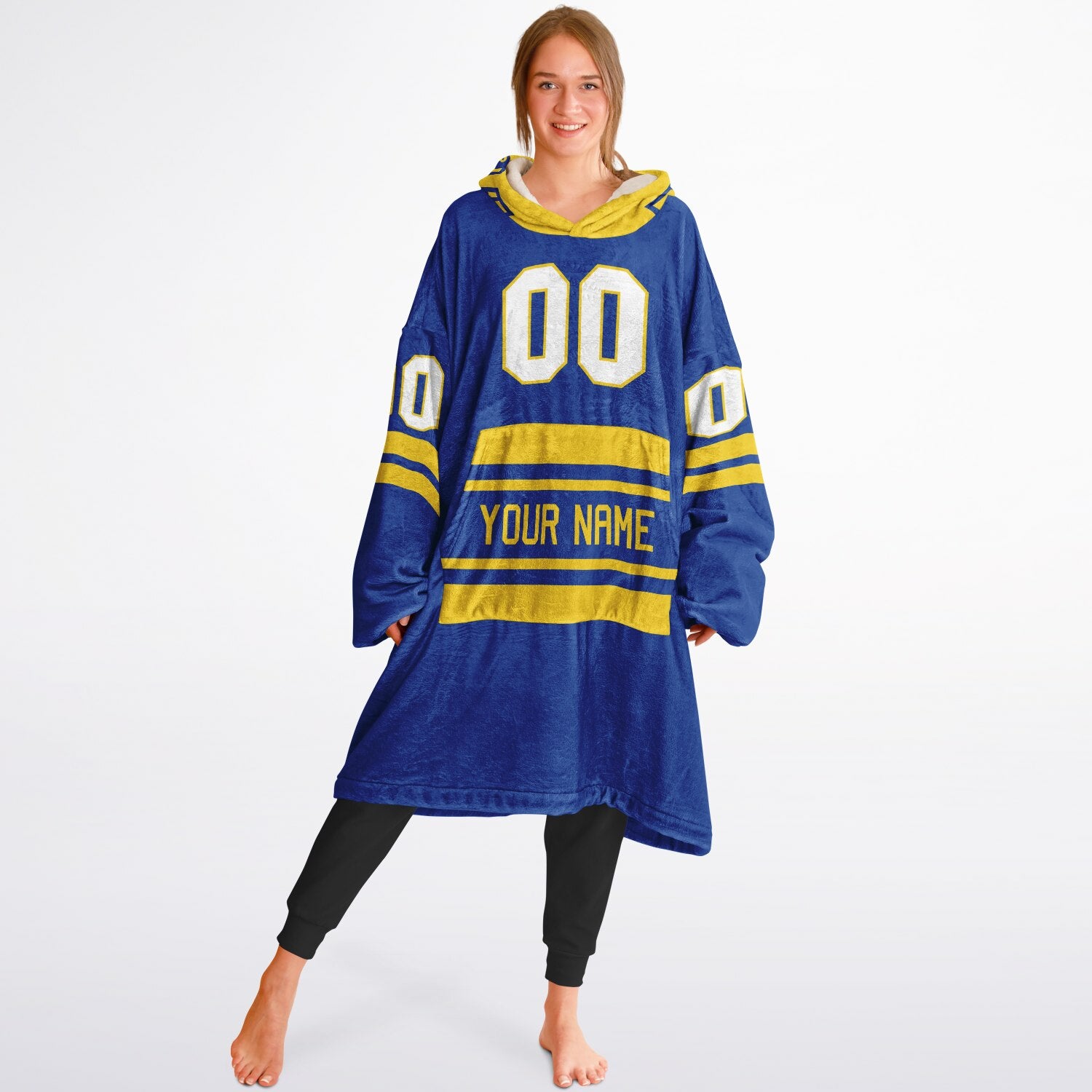 Blue and yellow classic snug hoodie featuring jersey-style stripes and personalized name and number.