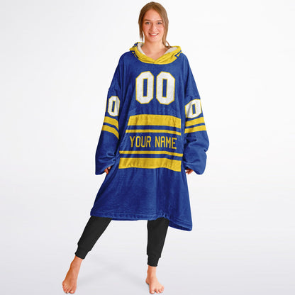 Blue and yellow classic snug hoodie featuring jersey-style stripes and personalized name and number.