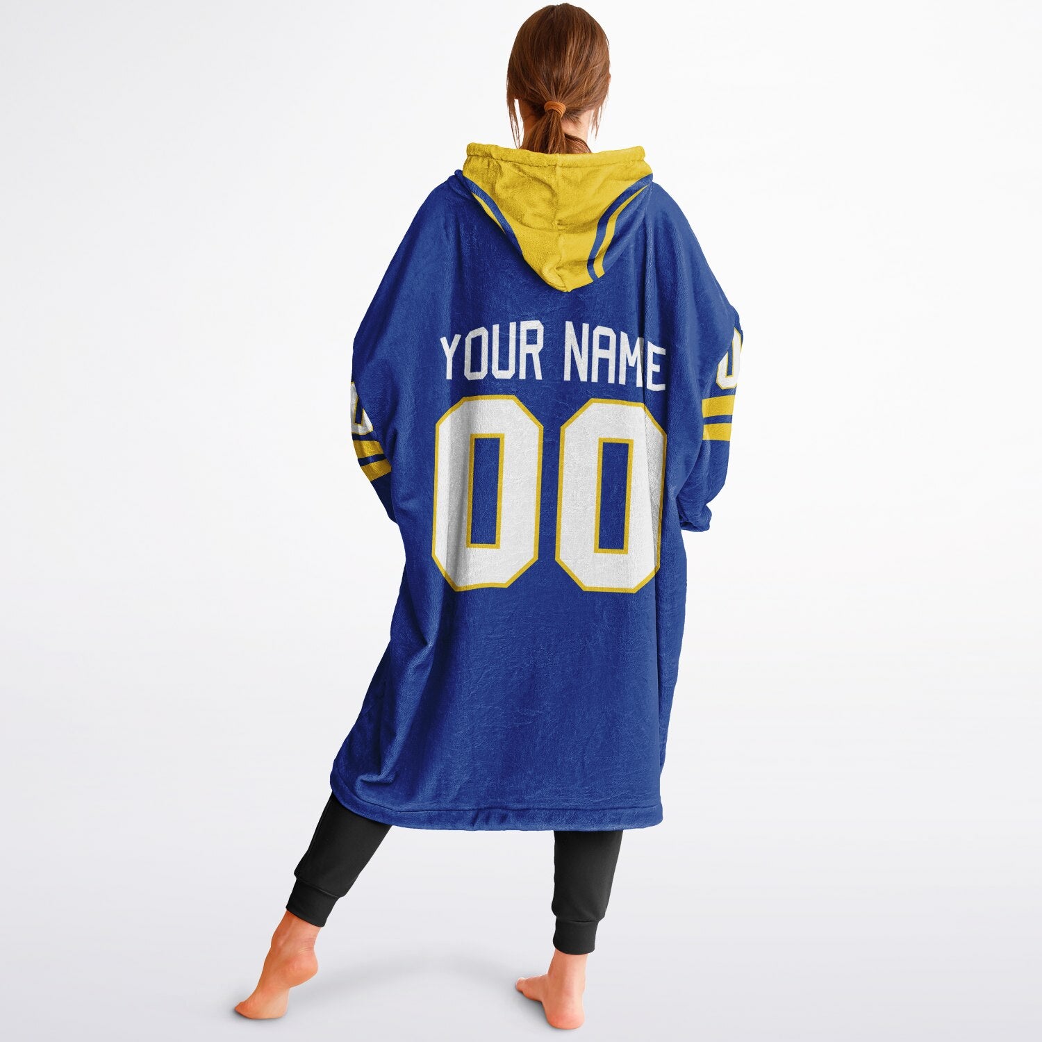 Blue and yellow classic snug hoodie featuring jersey-style stripes and personalized name and number.