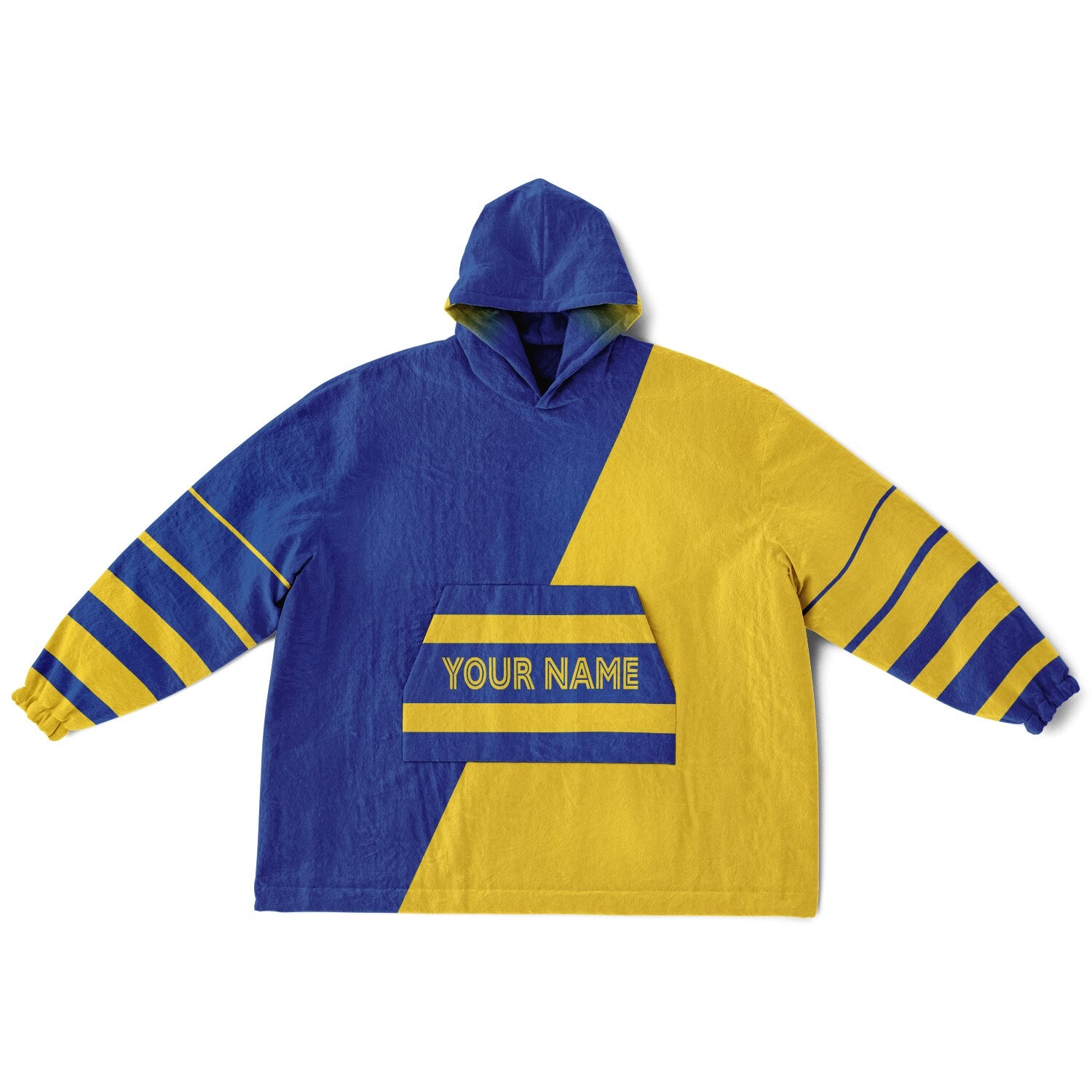 Blue and yellow reversible snug hoodie with soft interior lining and casual everyday style for football fans.