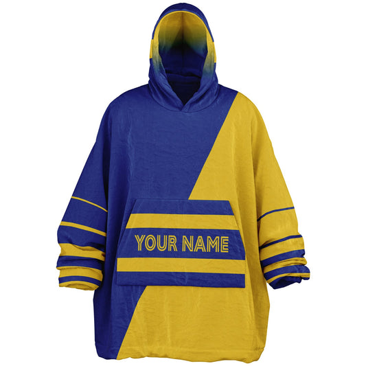 Blue and yellow reversible snug hoodie with soft interior lining and casual everyday style for football fans.