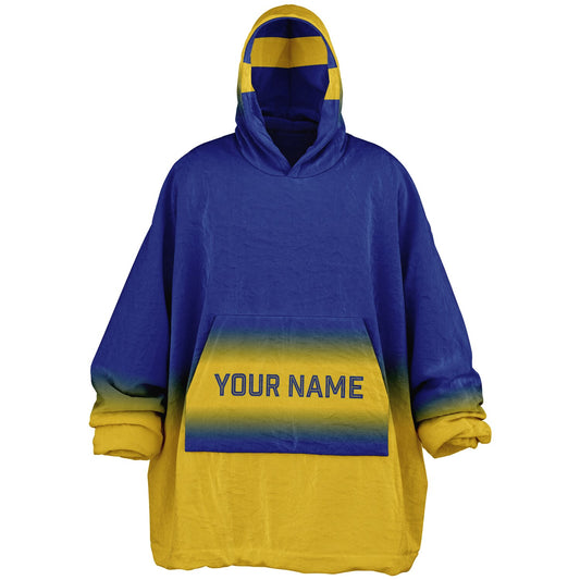 Blue and yellow reversible snug hoodie with soft interior lining and casual everyday style for football fans.