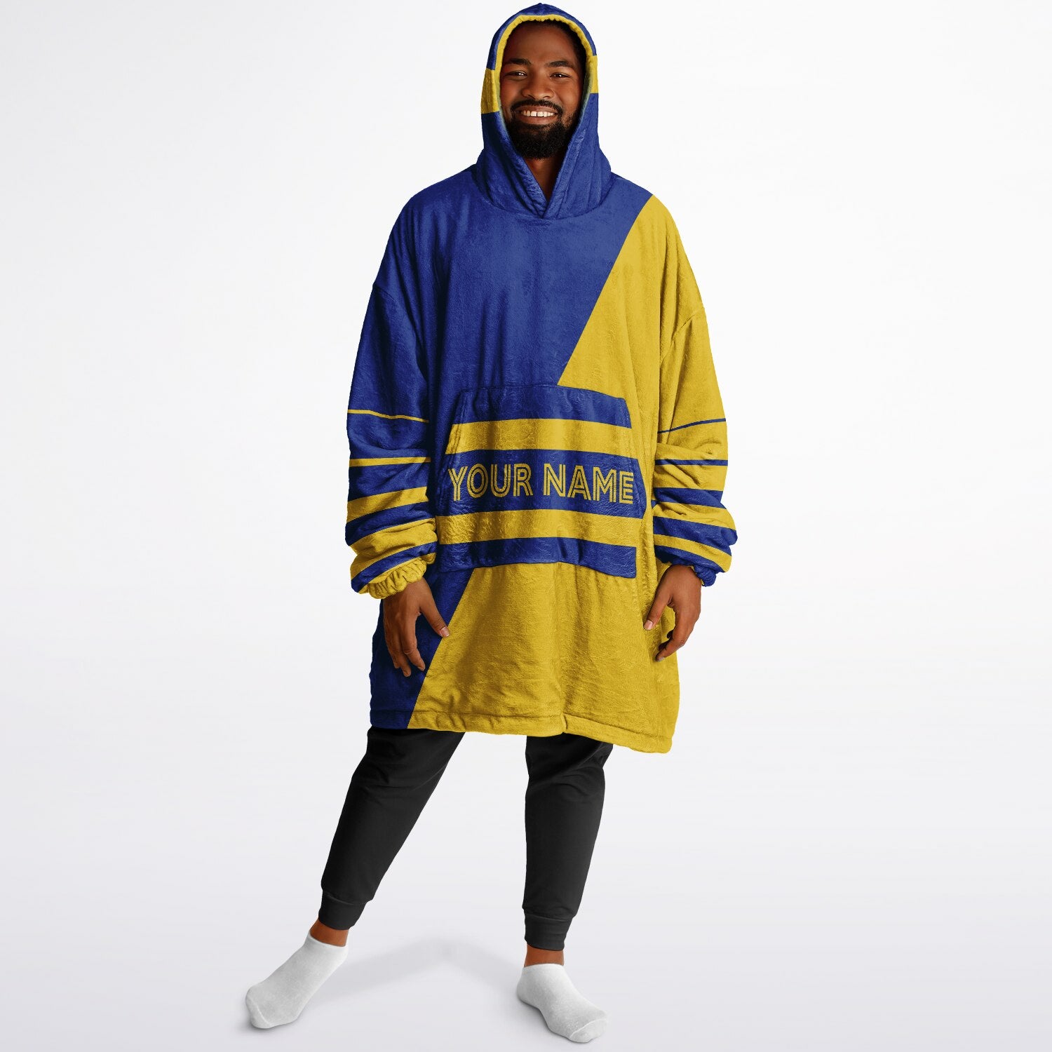 Blue and yellow reversible snug hoodie with soft interior lining and casual everyday style for football fans.