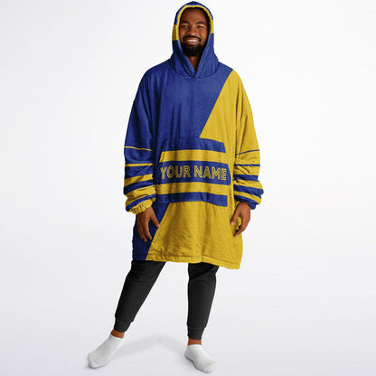 Blue and yellow reversible snug hoodie with soft interior lining and casual everyday style for football fans.
