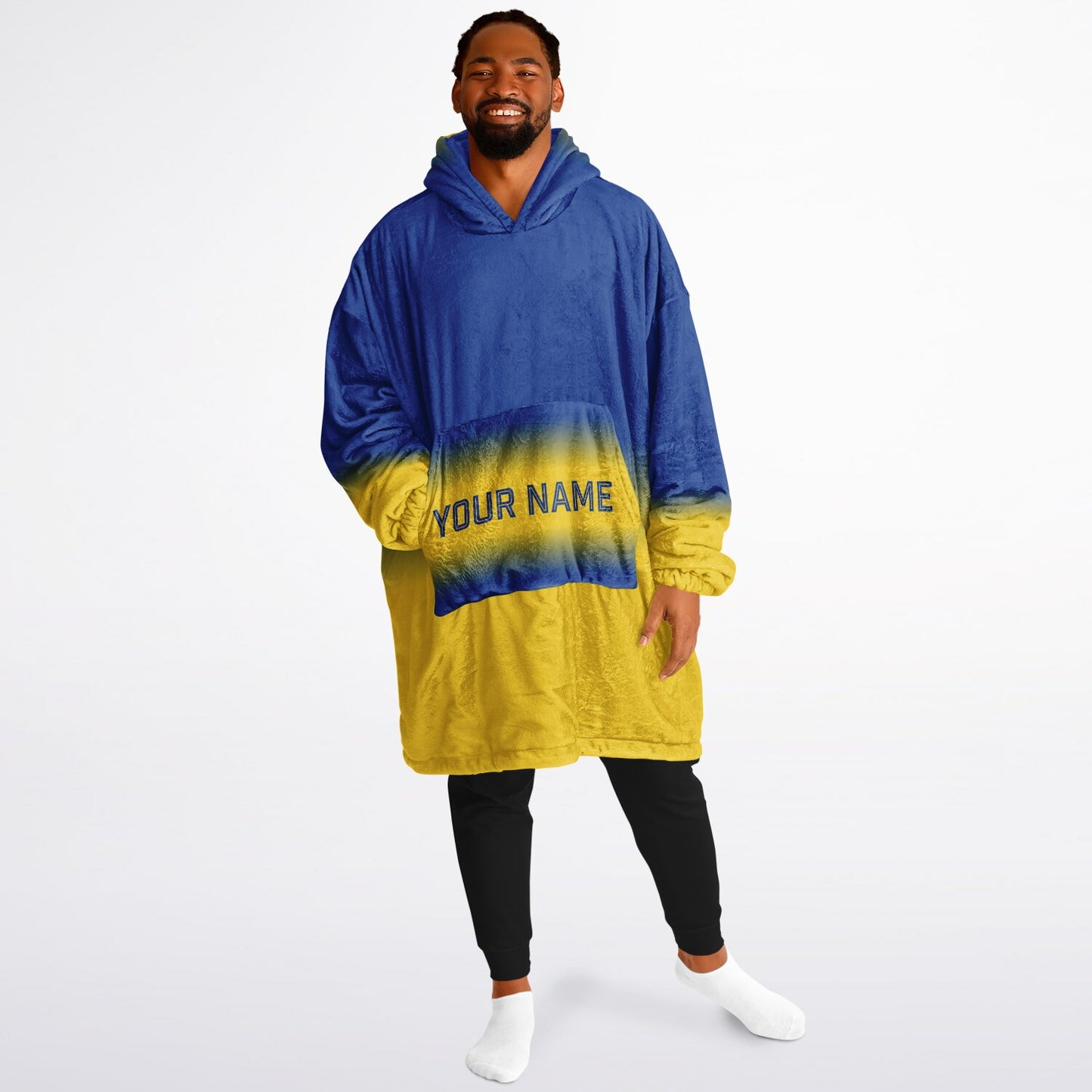 Blue and yellow reversible snug hoodie with soft interior lining and casual everyday style for football fans.