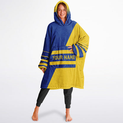 Blue and yellow reversible snug hoodie with soft interior lining and casual everyday style for football fans.