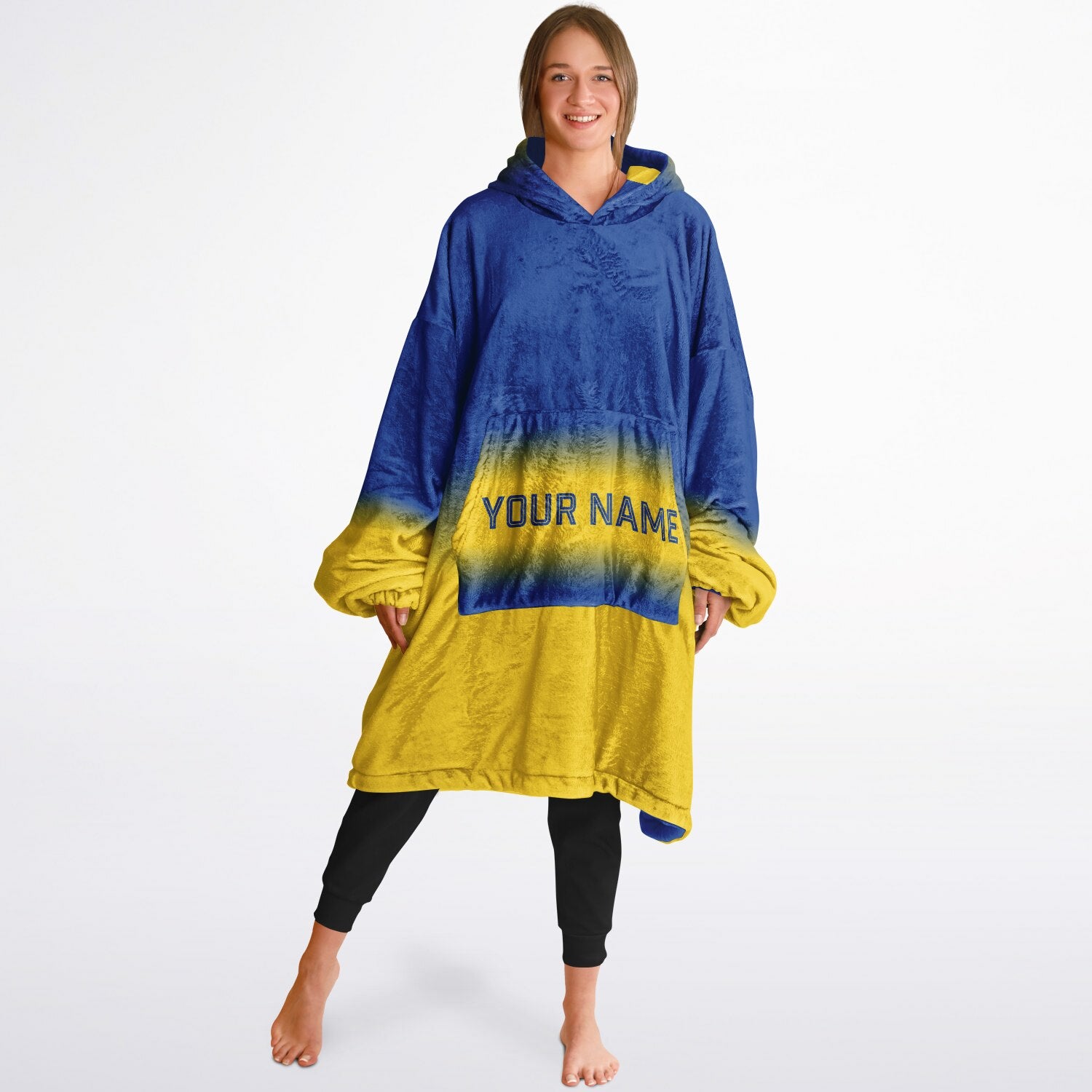 Blue and yellow reversible snug hoodie with soft interior lining and casual everyday style for football fans.