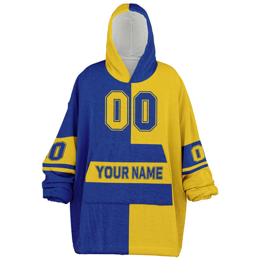 Blue and yellow halftime snug hoodie featuring a symmetrical split design for a dynamic game-day look.
