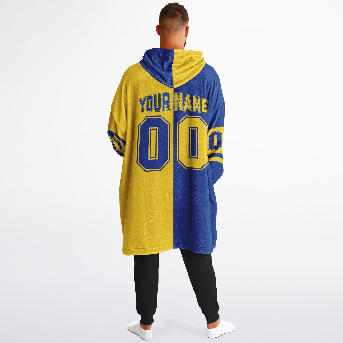 Blue and yellow halftime snug hoodie featuring a symmetrical split design for a dynamic game-day look.