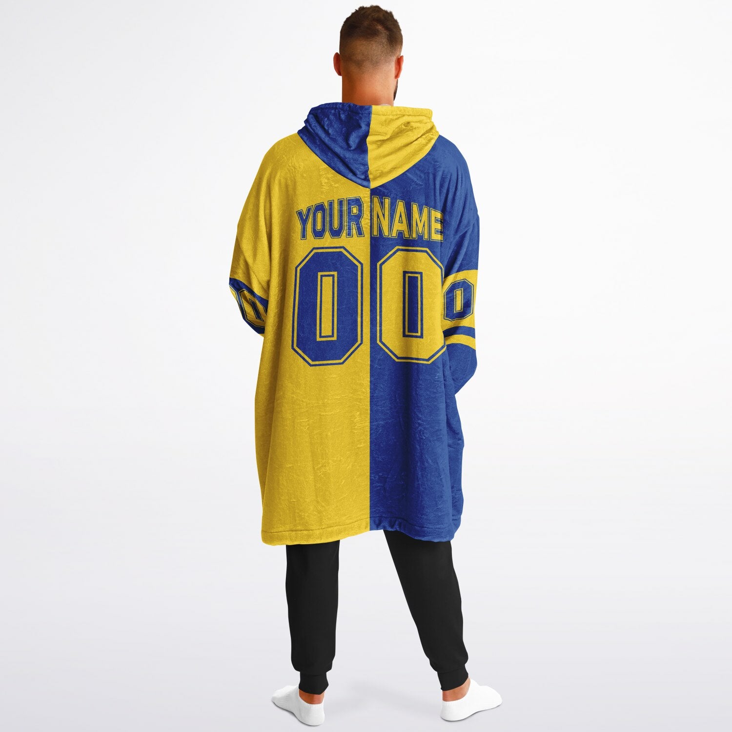 Blue and yellow halftime snug hoodie featuring a symmetrical split design for a dynamic game-day look.