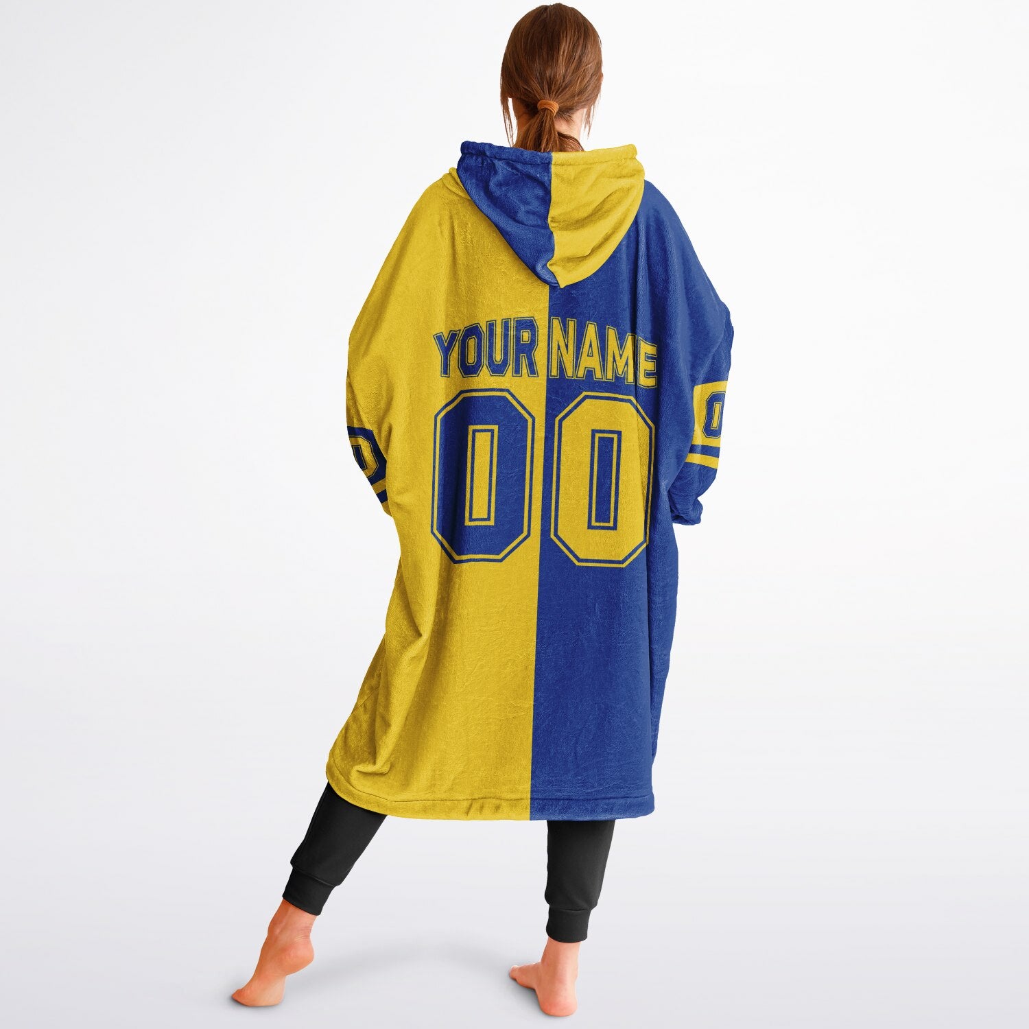 Blue and yellow halftime snug hoodie featuring a symmetrical split design for a dynamic game-day look.
