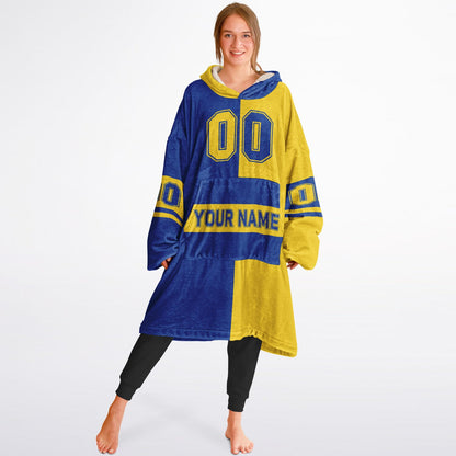 Blue and yellow halftime snug hoodie featuring a symmetrical split design for a dynamic game-day look.