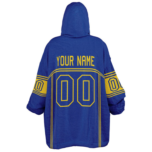 Blue and yellow lineup snug hoodie featuring sleek line-art details and minimalist team-inspired design.