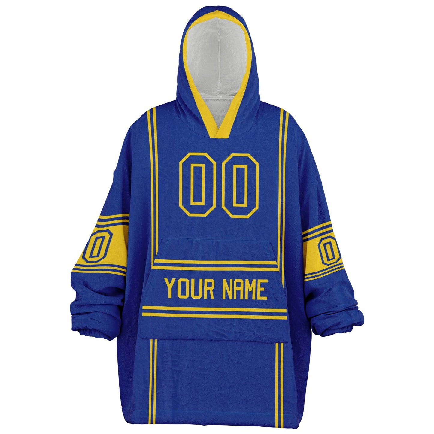 Blue and yellow lineup snug hoodie featuring sleek line-art details and minimalist team-inspired design.