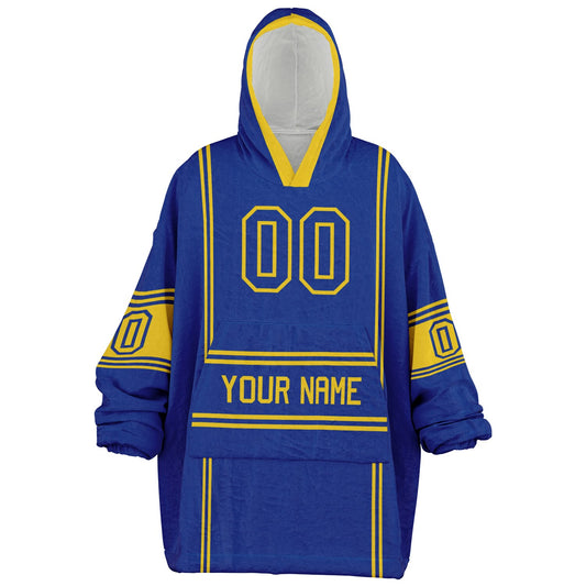 Blue and yellow lineup snug hoodie featuring sleek line-art details and minimalist team-inspired design.