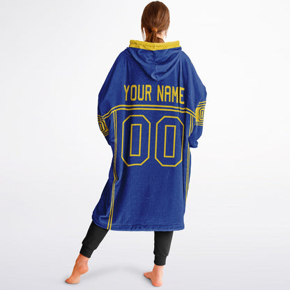 Blue and yellow lineup snug hoodie featuring sleek line-art details and minimalist team-inspired design.