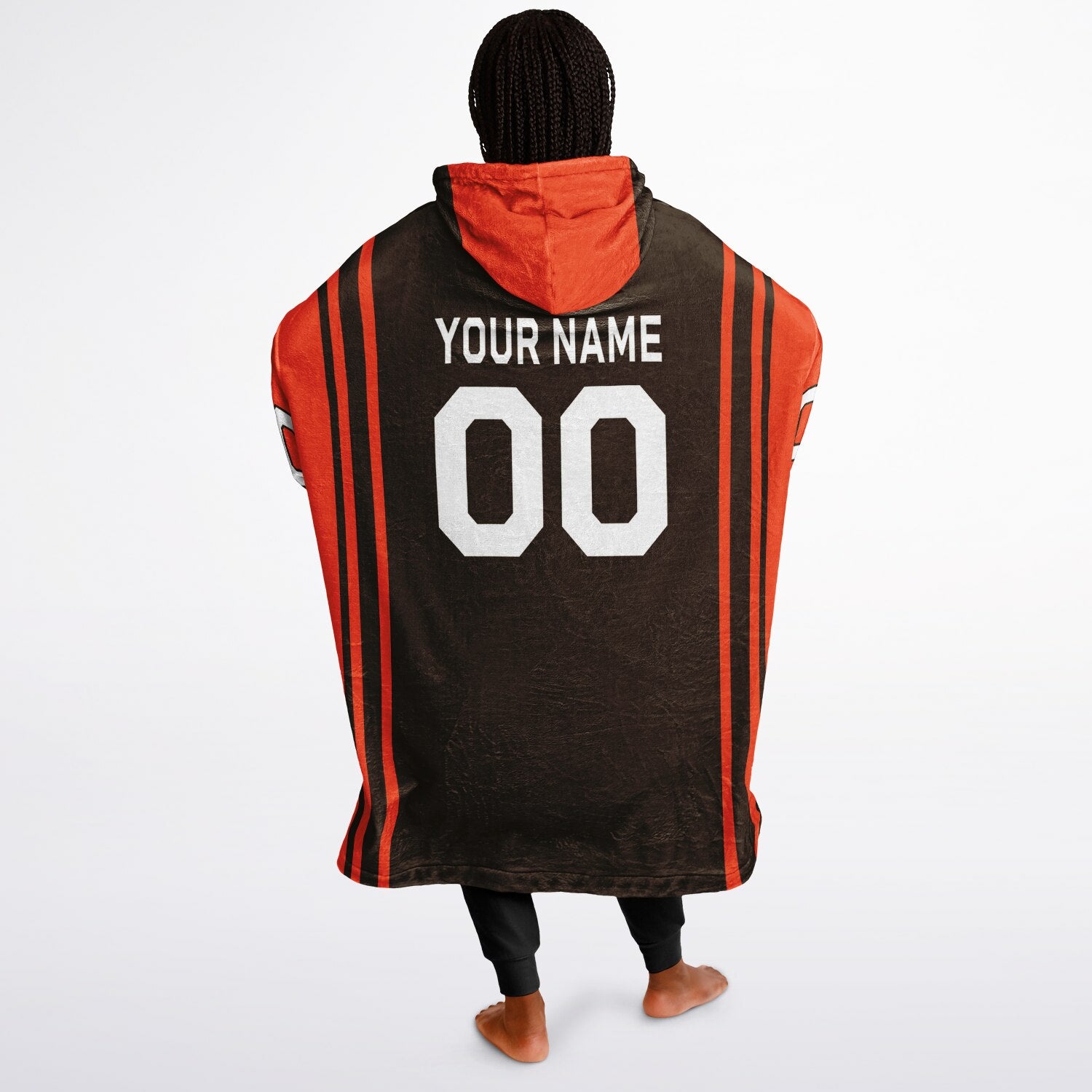 Brown and orange bold snug hoodie with modern color-block design and soft loungewear fit.