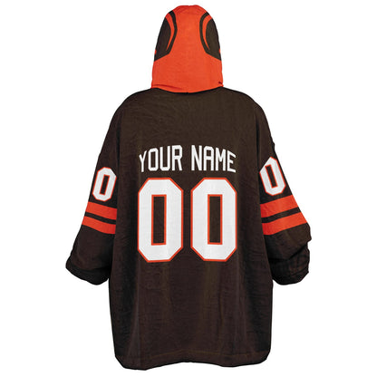Brown and orange classic snug hoodie featuring jersey-style stripes and personalized name and number.
