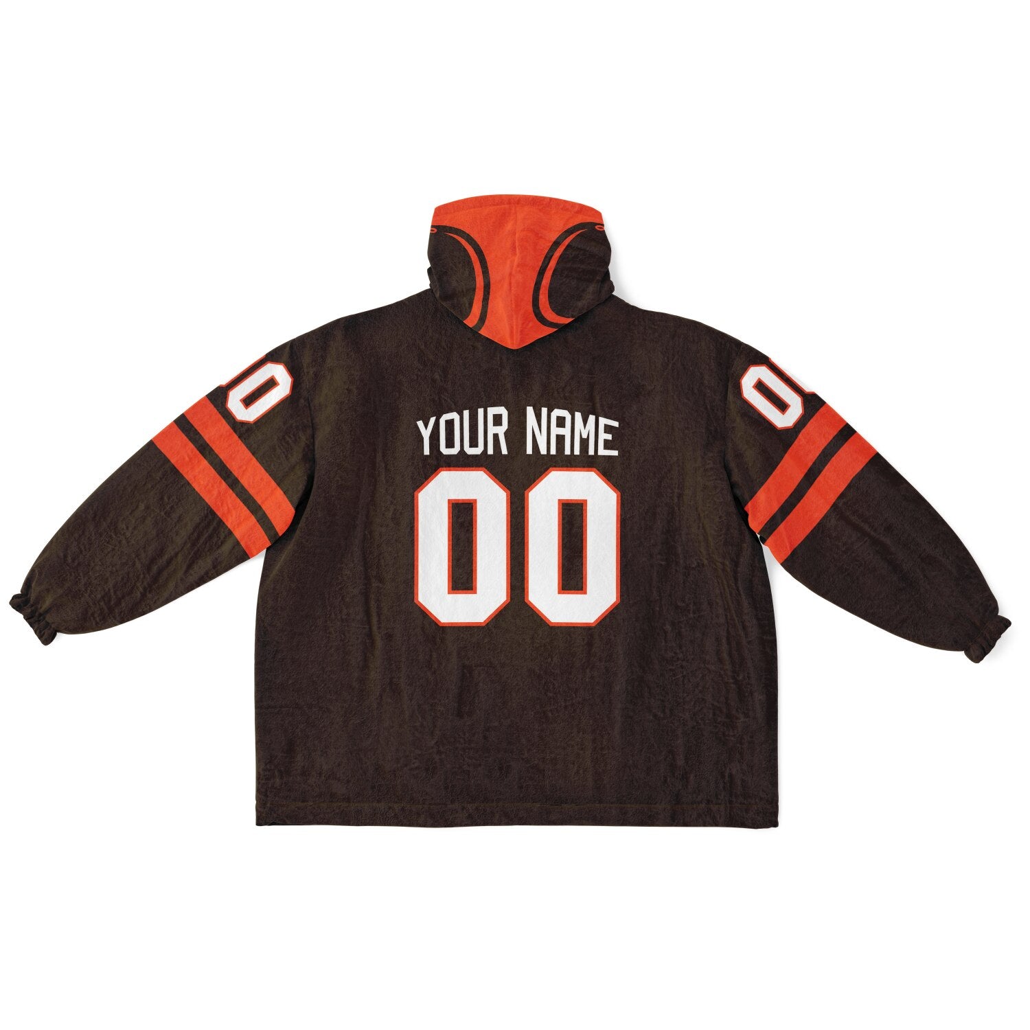 Brown and orange classic snug hoodie featuring jersey-style stripes and personalized name and number.