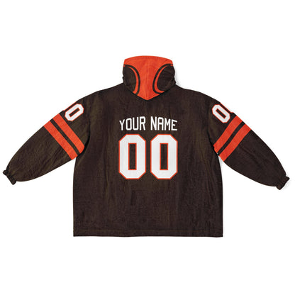 Brown and orange classic snug hoodie featuring jersey-style stripes and personalized name and number.