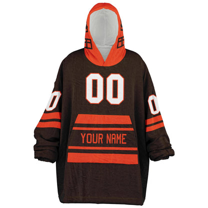 Brown and orange classic snug hoodie featuring jersey-style stripes and personalized name and number.