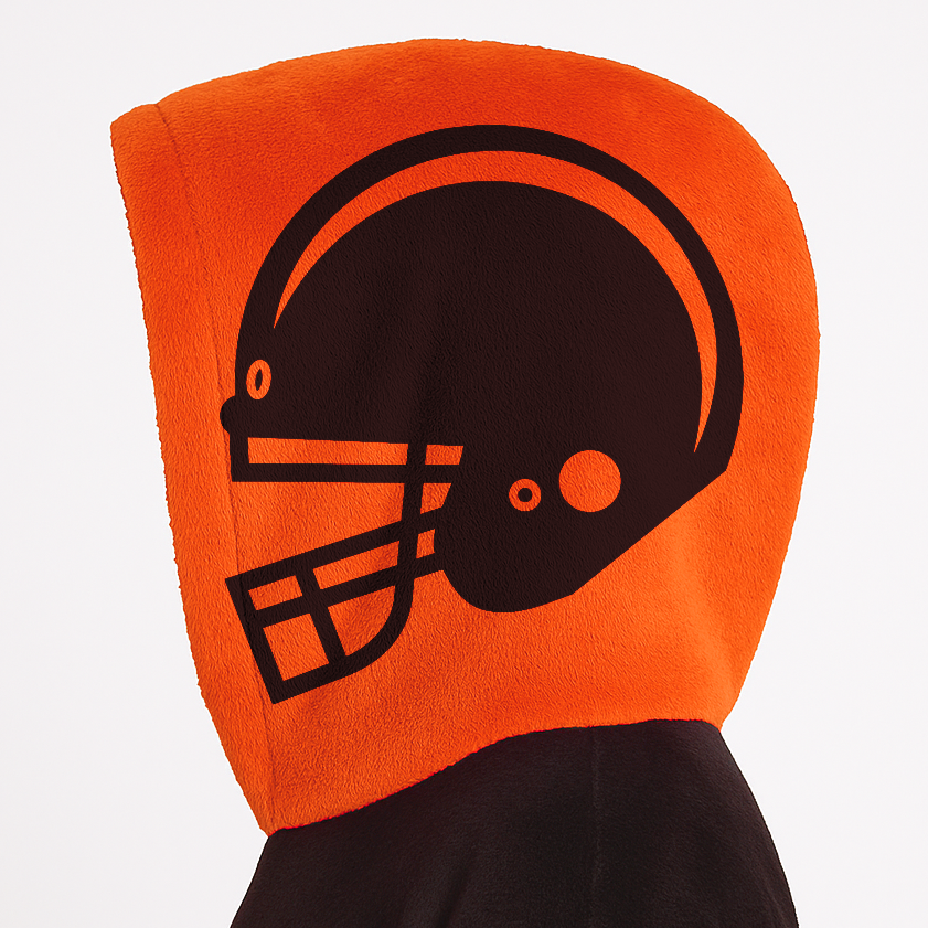 Brown and orange classic snug hoodie featuring jersey-style stripes and personalized name and number.