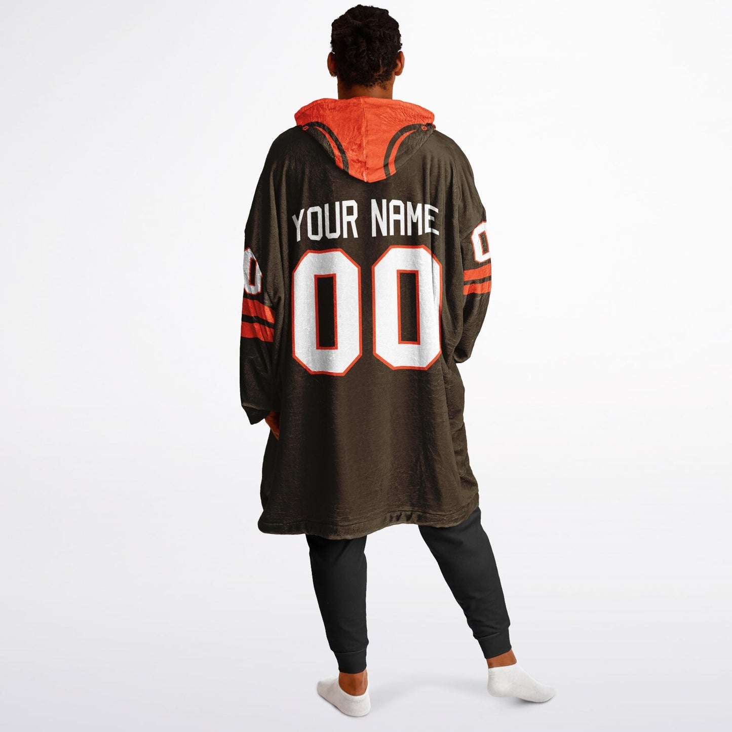 Brown and orange classic snug hoodie featuring jersey-style stripes and personalized name and number.