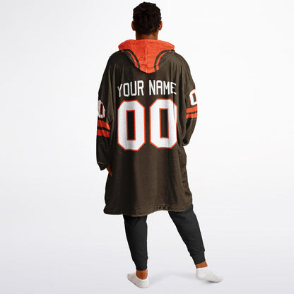 Brown and orange classic snug hoodie featuring jersey-style stripes and personalized name and number.