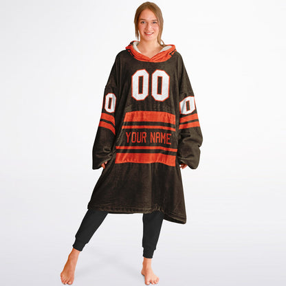 Brown and orange classic snug hoodie featuring jersey-style stripes and personalized name and number.