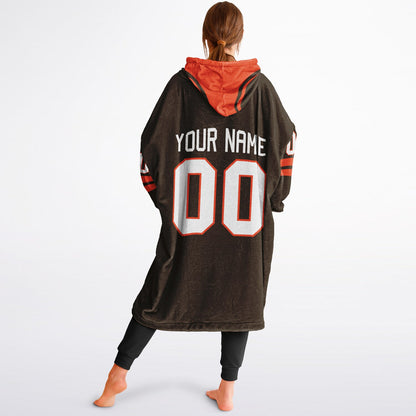 Brown and orange classic snug hoodie featuring jersey-style stripes and personalized name and number.