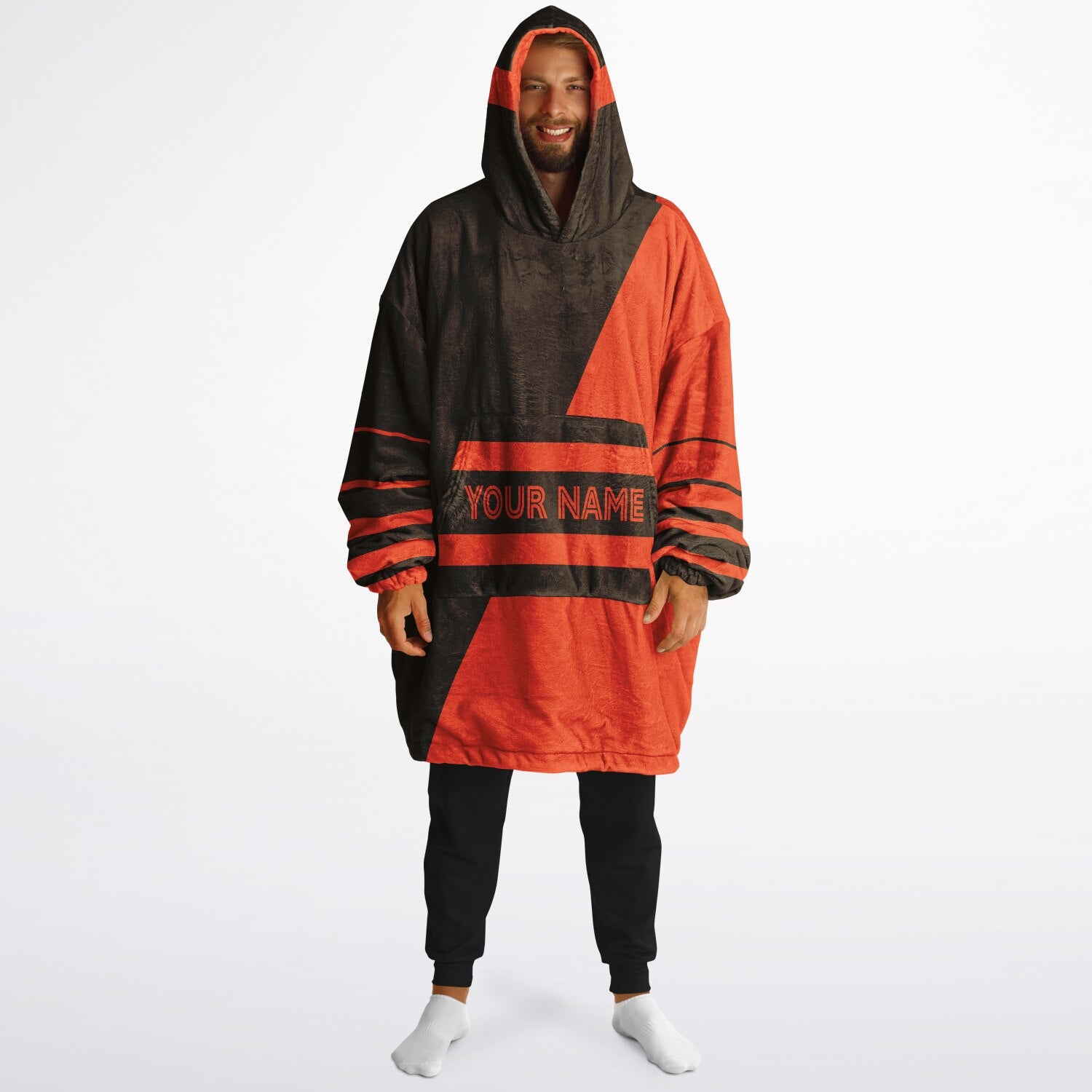 Brown and orange reversible snug hoodie with soft interior lining and casual everyday style for football fans.