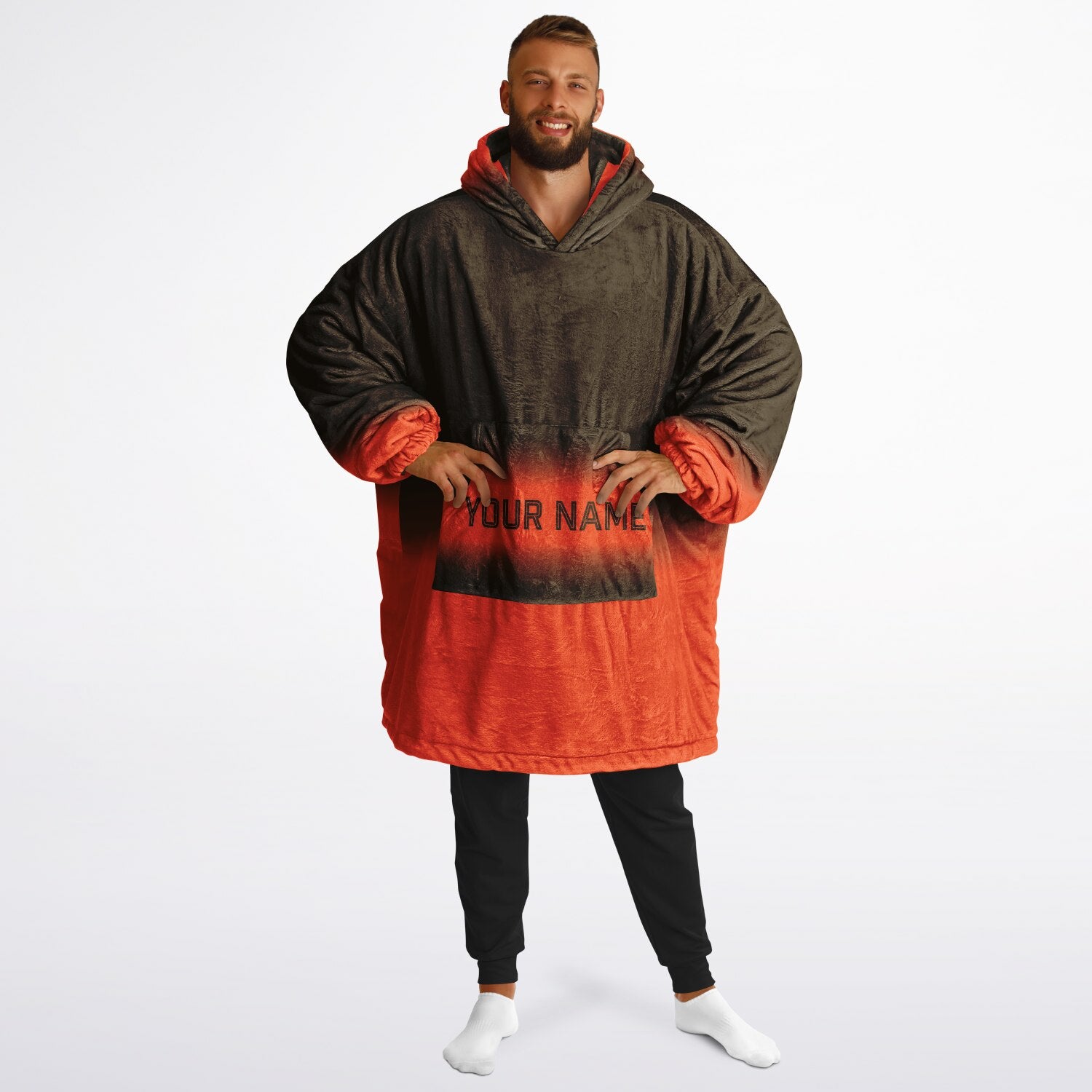Brown and orange reversible snug hoodie with soft interior lining and casual everyday style for football fans.