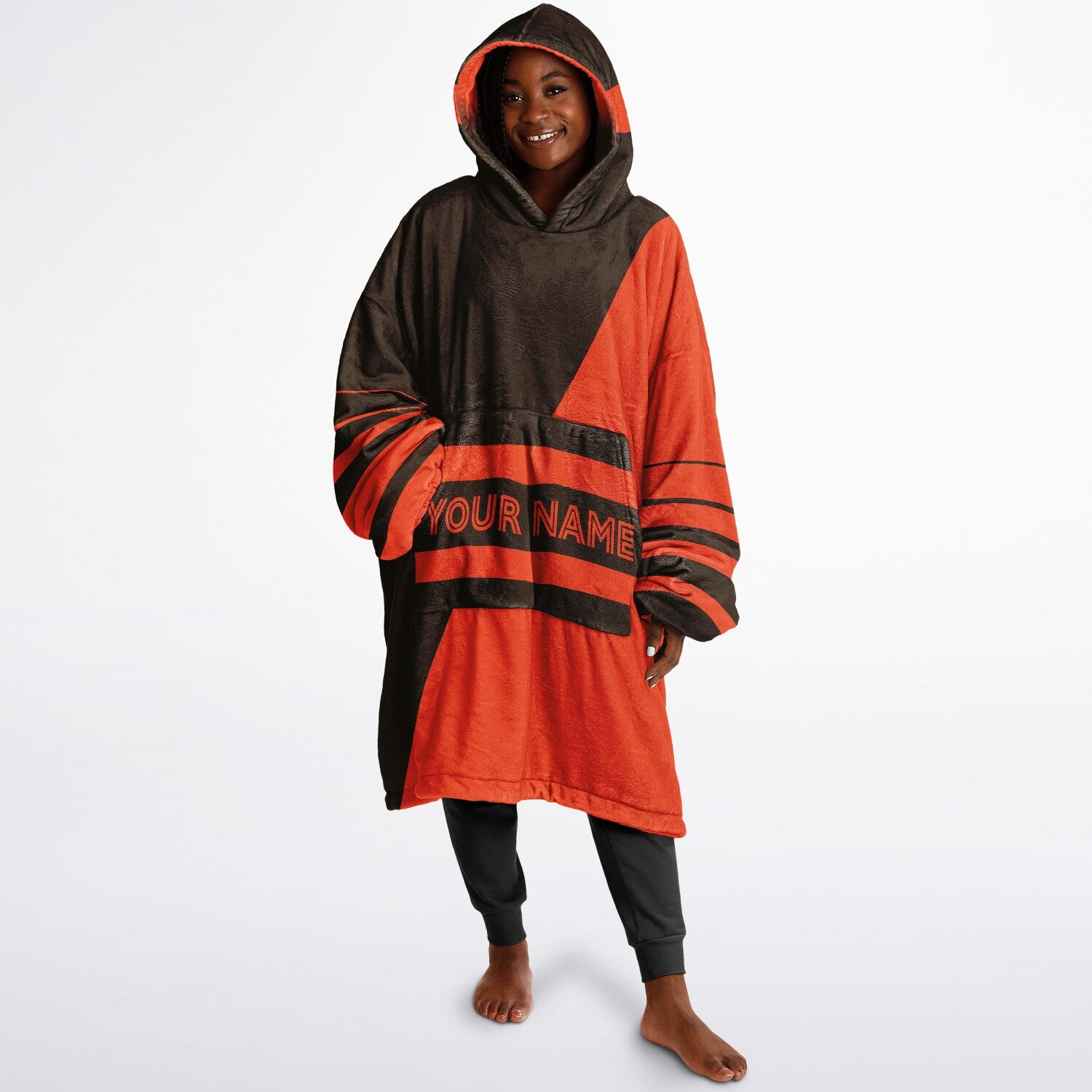 Brown and orange reversible snug hoodie with soft interior lining and casual everyday style for football fans.