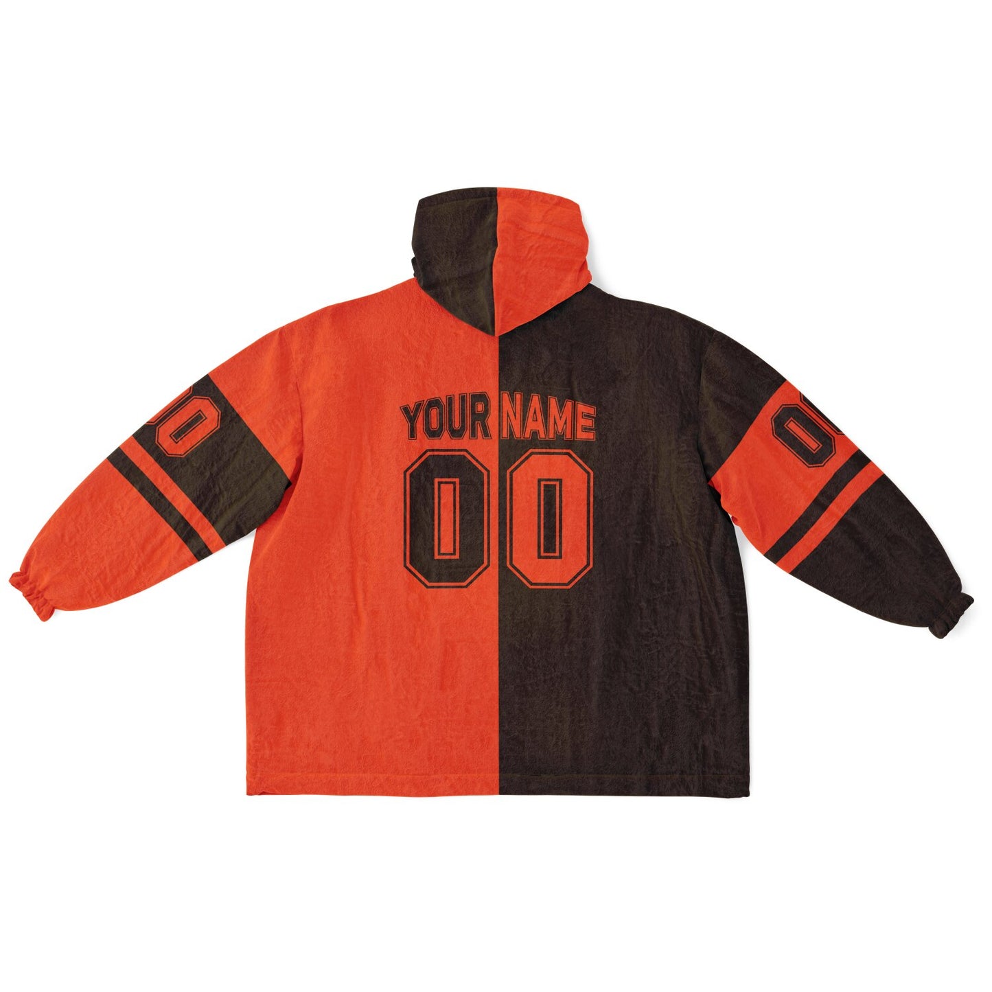 Brown and orange halftime snug hoodie featuring a symmetrical split design for a dynamic game-day look.