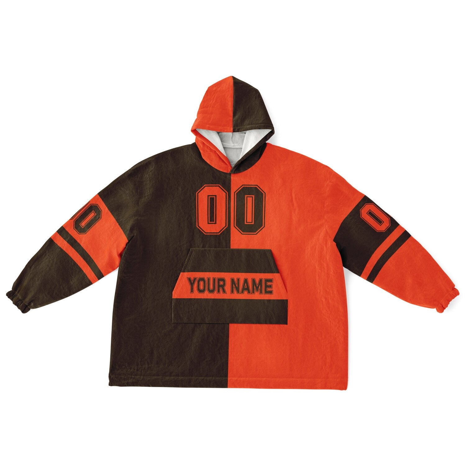 Brown and orange halftime snug hoodie featuring a symmetrical split design for a dynamic game-day look.